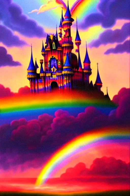 Prompt: a hyperrealistic painting of an epic ornate rainbow castle in the clouds at sunset, cinematic horror by chris cunningham, lisa frank, richard corben, highly detailed, vivid color,