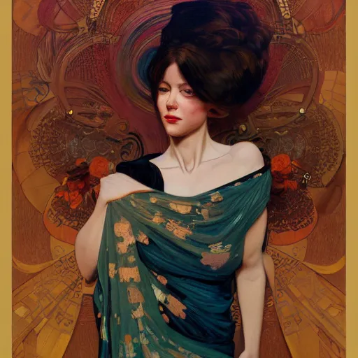 Image similar to modern woman | hyperrealistic | action pose | digital painting | trending on artstation | pinup portrait | clean | illustration | dressed | Unreal Engine 5 | 8k resolution | by Greg Rutkowski Alphonse Mucha Gustav Klimt and Mel Ramos