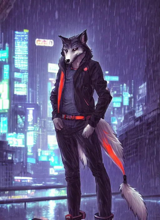 Image similar to character portrait of a male anthro wolf fursona with a tail and a cute beautiful attractive furry face wearing stylish cyberpunk clothes in a cyberpunk city at night while it rains. hidari, color page, tankoban, 4K, tone mapping, Akihiko Yoshida.