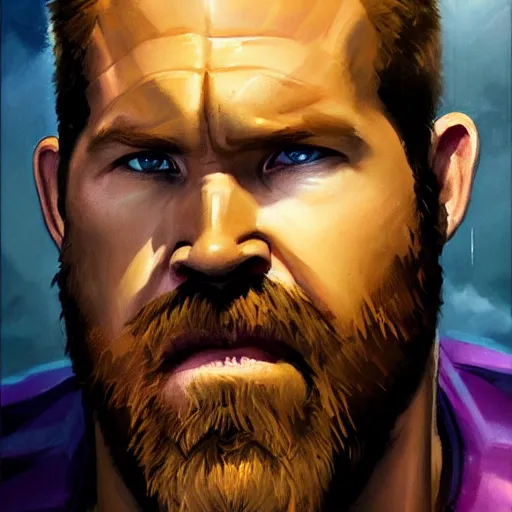 Image similar to greg manchess portrait painting of ryan reynolds as thanos!!! evil, sad! with a ginger cat as overwatch character, medium shot, asymmetrical, profile picture, organic painting, sunny day, matte painting, bold shapes, hard edges, street art, trending on artstation, by huang guangjian and gil elvgren and sachin teng