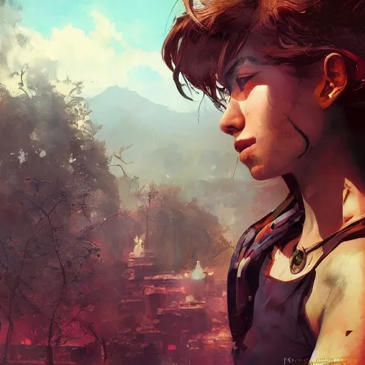 Image similar to fallout 5, charismatic beautiful rugged brunette female protagonist, portrait, outdoors tropical cityscape, atmospheric lighting, painted, intricate, volumetric lighting, beautiful, daytime, sunny weather, few clouds, sharp focus, deep colours, ultra detailed, art by krenz cushart and wenjun lin