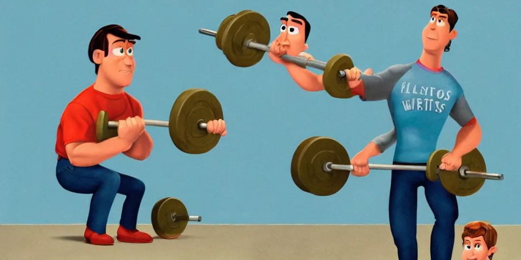 Prompt: Pixar movie art of Will Ferrell lifting weights