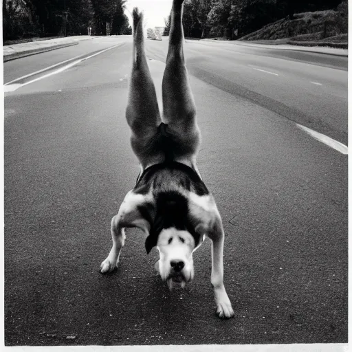 Prompt: a dog doing a hand stand in the middle of a busy road, realistic, 35mm photograph