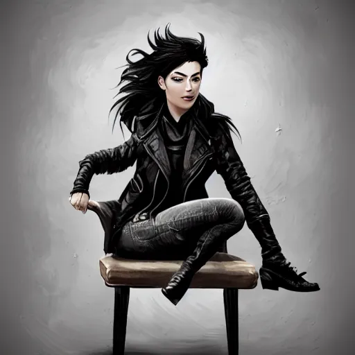 Image similar to a woman with black hair and a leather jacket and a grey shirt, sitting on a chair in a run down hotel room upset, muscular upper body, abs, gritty, d & d, fantasy, intricate, elegant, highly detailed, digital painting, artstation, smooth, sharp focus, illustration, unreal engine 5, face enhance, masterpiece