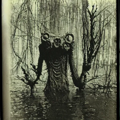 Image similar to creepy lovecraftian monster in swamp, 1 9 1 0 polaroid photo