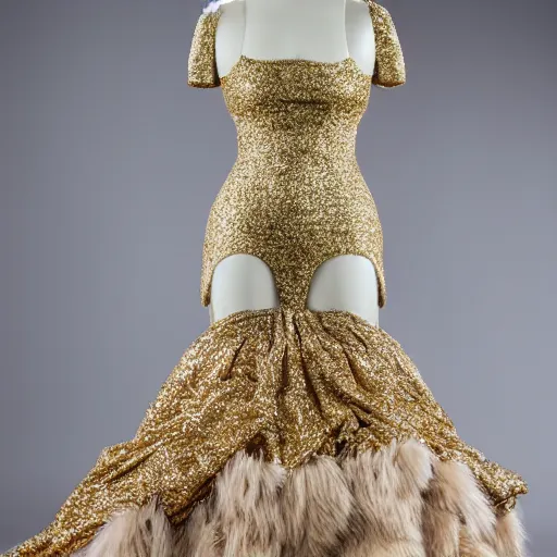 Image similar to Dress photo shoot, full body, wide-shot, head to toe, Ivory carving, gold, glitter, bizarre fashion design,