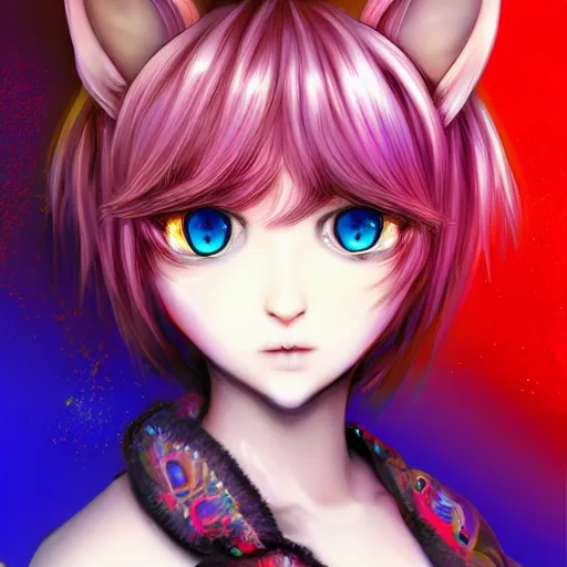 Prompt: catgirl with short hair, digital art, by Yoshitaka Amano, trending on artstation, 4k, highly detailed, psychedelic, cat ears