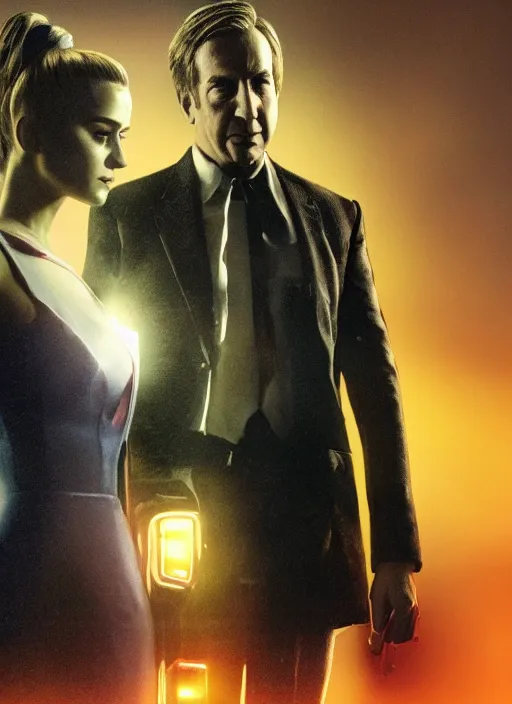 Image similar to a close - up, color cinema film still of saul goodman & katy perry in blade runner 2 0 4 9, cinematic lighting at night.