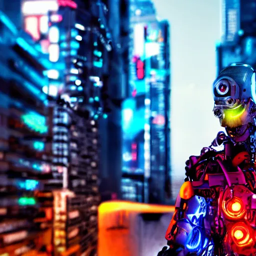 Prompt: a cyborg man, half robot, neon cyberpunk city in the background, telephoto lens, low focal point,