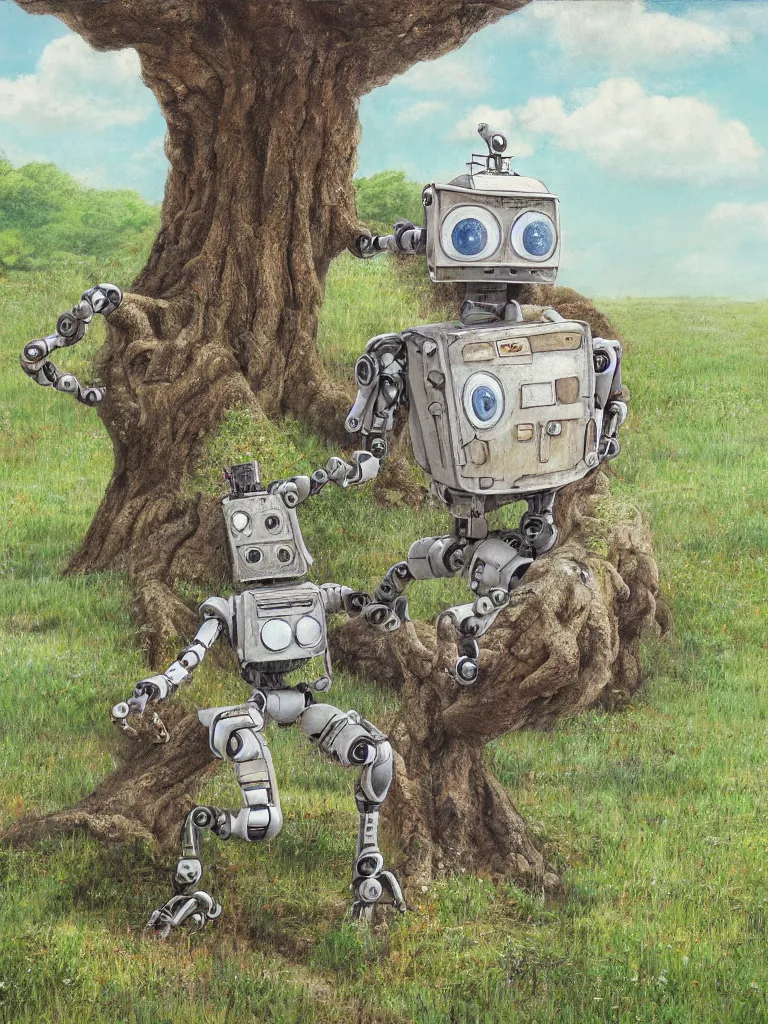 Image similar to award winning hyper-realistic portrait painting of a rustic robot sitting under a tree, film still in the style of Studio Ghibli, by Hayao Miyazaki, high quality, detailed, 8k, amazing, single robot