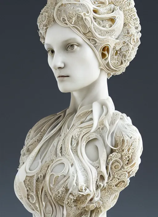 Image similar to opalescent marble sculpture of beautiful woman, mandelbulb, ivory carving, fractal paisley inlay, lace, intricate, lace, elegant, highly detailed, artgerm, lace, by ruan jia and greg rutkowski