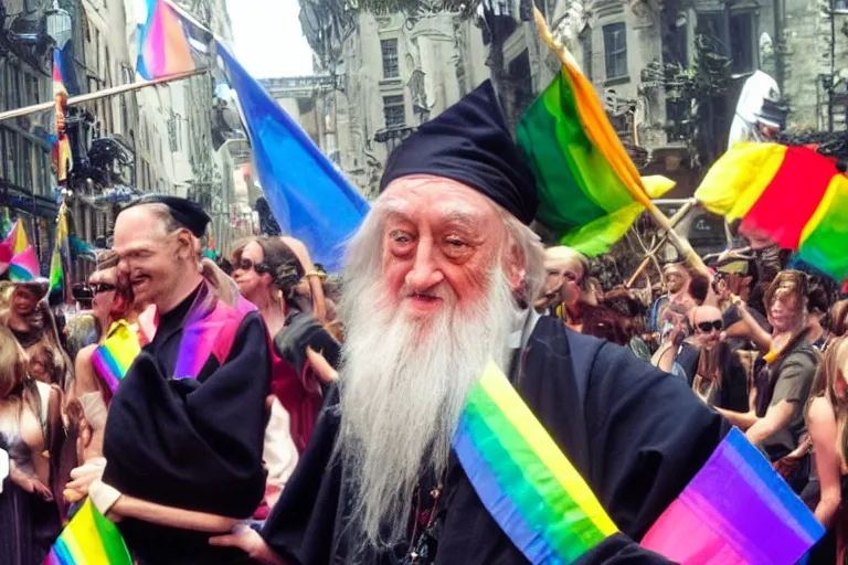 Prompt: dumbledore at a gay pride parade