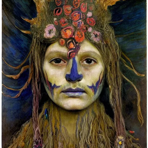 Image similar to masterpiece painting of a dark flower shaman, by annie swynnerton and jean delville and diego rivera, facemask made of flowers, art brut, outsider art, symbolist, dramatic lighting, god rays, elaborate geometric ornament, clean crisp graphics, smooth sharp focus, extremely detailed, adolf wolfli