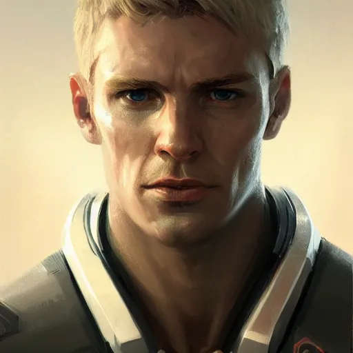 Image similar to portrait of a man with scared expression by greg rutkowski, he is about 3 0 years old, short blond hair, athletic and strong, straight jaw, wearing futuristic space gear, highly detailed portrait, digital painting, artstation, concept art, smooth, sharp foccus ilustration, artstation hq.