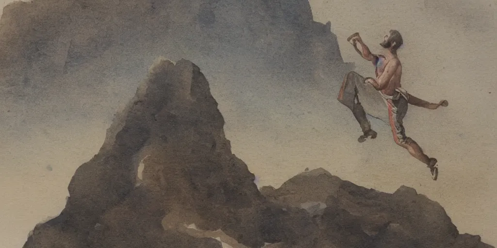 Prompt: antique watercolour painting of man climbing mountain