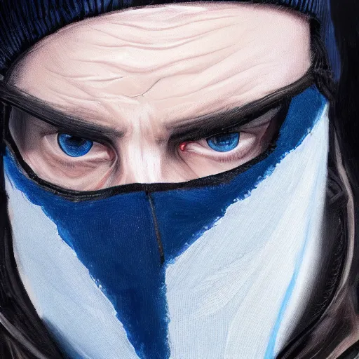 Image similar to a detailed portrait of a man wearing a black ski mask, blue eyes, art illustration, incredibly highly detailed and realistic, 8 k, sharp focus