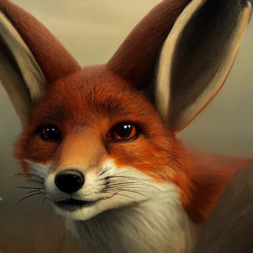 Prompt: matte painting of a fenec fox with bunny ears, close portrait, super detailed, 8 k hdr, by greg rutkowski, trending on artstation