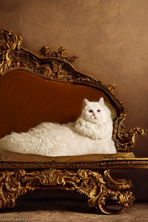 Image similar to a magnificent wet plate photo portrait of a fluffy fat royal cat on an embroidered velvet cushion on a neo - rococo gilded little bed, by david lachapelle, photorealistic, photography, wide shot