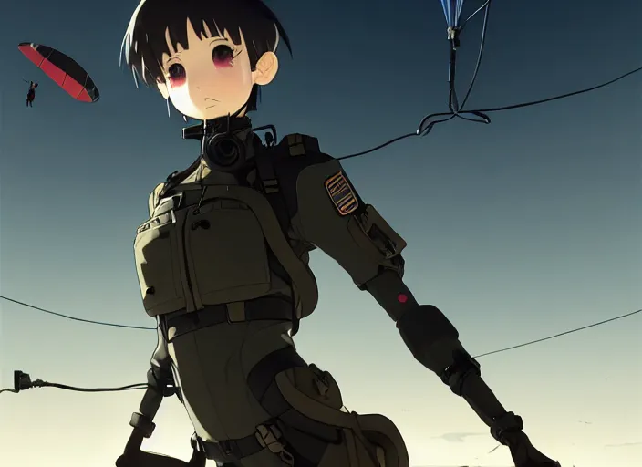 Image similar to portrait of pilot girl parachuting behind enemy lines, black sky background, chaotic landscape, illustration concept art anime key visual trending pixiv fanbox by wlop and greg rutkowski and makoto shinkai and studio ghibli and kyoto animation, kaki body suit, wires and chords, oxygen mask, military gear, grimdark, volumetric lighting