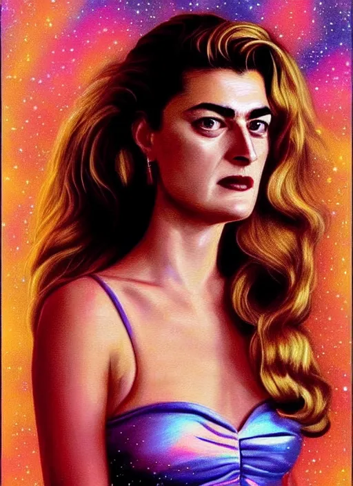 Image similar to elegantly disdainful. Shelly Johnson from Twin Peaks as empress of pulsar stars. ultra detailed painting at 16K resolution and amazingly epic visuals. epically beautiful image. amazing effect, image looks gorgeously crisp as far as it's visual fidelity goes, absolutely outstanding. vivid clarity. ultra. iridescent. mind-breaking. mega-beautiful pencil shadowing. beautiful face. Ultra High Definition. godly shading diffusion. amazingly crisp sharpness. photorealistic 3D rendering on film cel processed twice..