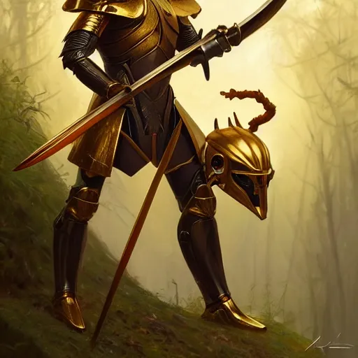 Image similar to photo of a humanoid ant - eater dressed in armor with a golden helmet on the head, hold sword in the forest, highly detailed, digital painting, artstation, smooth, sharp focus, illustration, art by artgerm and greg rutkowski and alphonse mucha