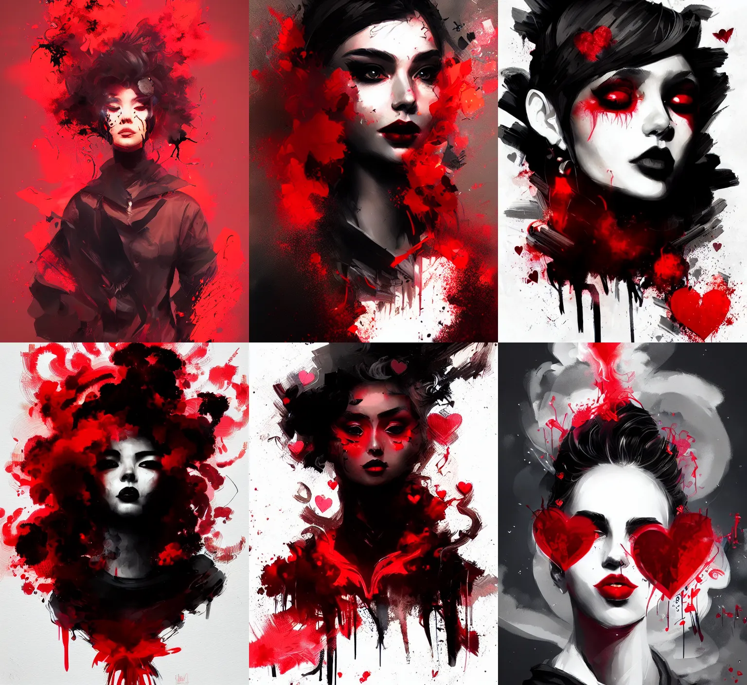 Prompt: black red ink smoke ink beauty portrait, explosion of hearts, artgerm, tony sart, mafia, noir, artstation, ismail inceoglu