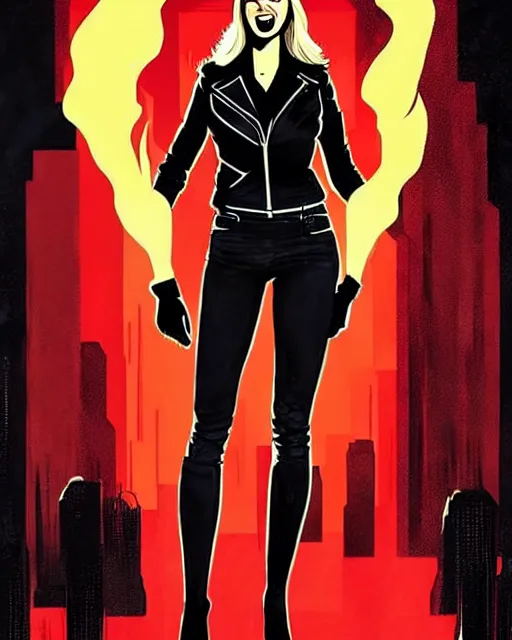 Image similar to Rafael Albuquerque comic cover art, Ivanka Trump with sharp vampire teeth, sarcastic smile, brown leather jacket, jeans, extra long hair, full body, Trump Tower on fire, cool colors