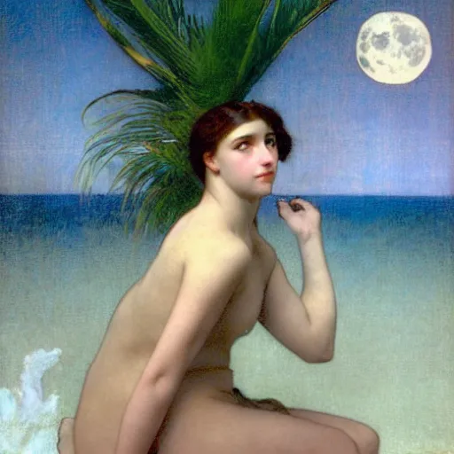 Image similar to Moon girl at the palace, thunderstorm, greek pool, beach and palm trees on the background major arcana sky, by paul delaroche, alphonse mucha and arnold böcklin arnold böcklin hyperrealistic 8k, very detailed