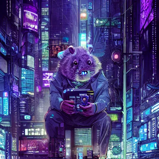 Image similar to high detailed anthropomorphic hamster in a cyberpunk rainy city at night by josan gonzalez, purple and blue neons, unreal engine, high quality, 4 k, uhd, trending on artstation, wires, blade runner vibes, ghost in the shell, akira, dorohedoro