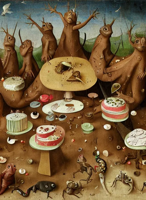 Prompt: a bunch of geckos eating cakes painted by hieronymous bosch, detailed digital art, trending on Artstation