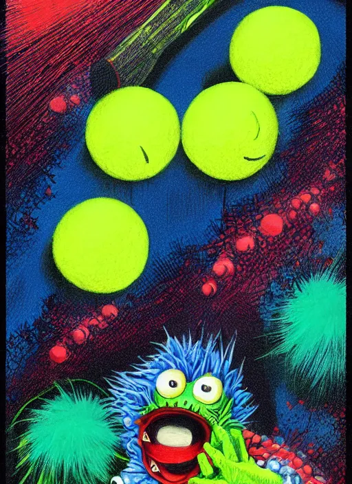 Image similar to tennis ball monsters playing tennis, a tennis ball monster, tennis ball, colorful, digital art, fantasy, magic, trending on artstation, ultra detailed, professional illustration, chalk, poster artwork by basil gogos, clean