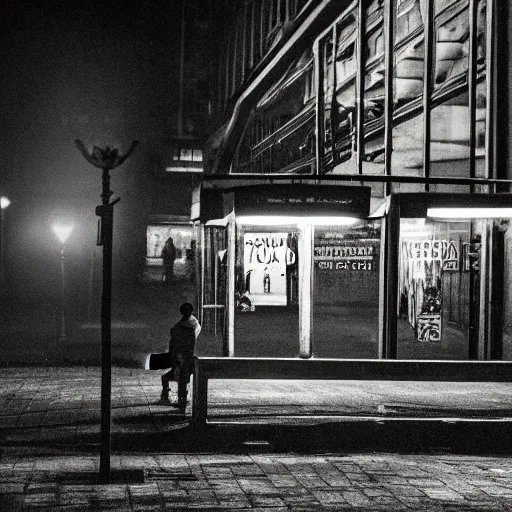 Prompt: a some people waiting in a lone bus stop in quiet dark city night, high quality, high resolution,detailed, from silent hill games