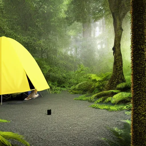 Prompt: photo studio rainforest with foggy background. yellow tent on floor. fisherman in balenciaga cloth, plastic bag and black mask. photorealistic high resolution, redshift render, 8 k