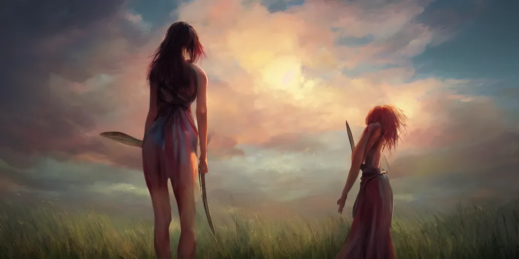 Prompt: back shot of one beautiful girl in sundress gazing back, holding two swords, digital art by wlop. artstation contest winner, cinematic paint. lower shot. dramatic cloud in background. sunset