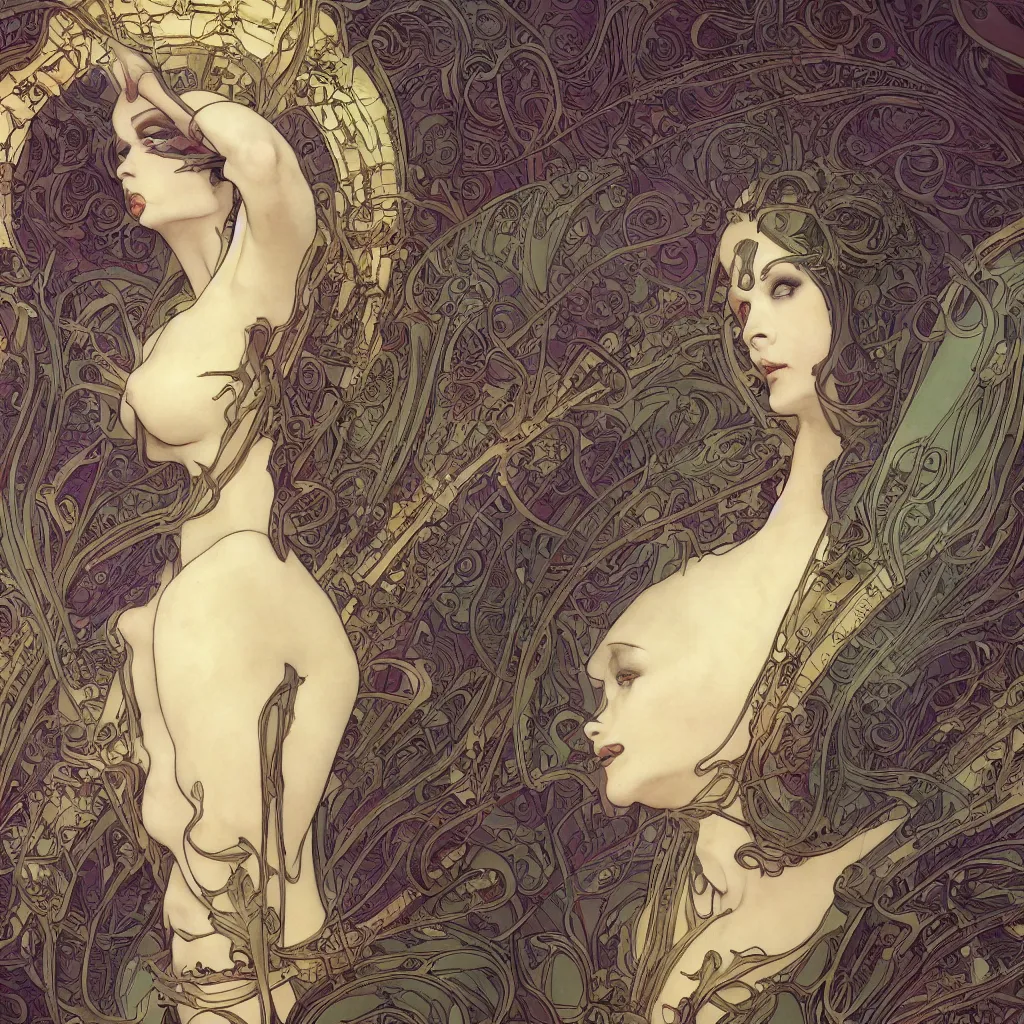 Prompt: a dramatic art nouveau panorama portrait of a malevolent and seductive alien space queen, perfectly symmetrical facial features, beautiful confident eyes, photorealism, by alphons mucha, bill sienkiewicz, geof darrow, travis charest and ralph bakshi, sensual volumetric lighting, vray render, zbrush, artstation, deviantart, the liberator