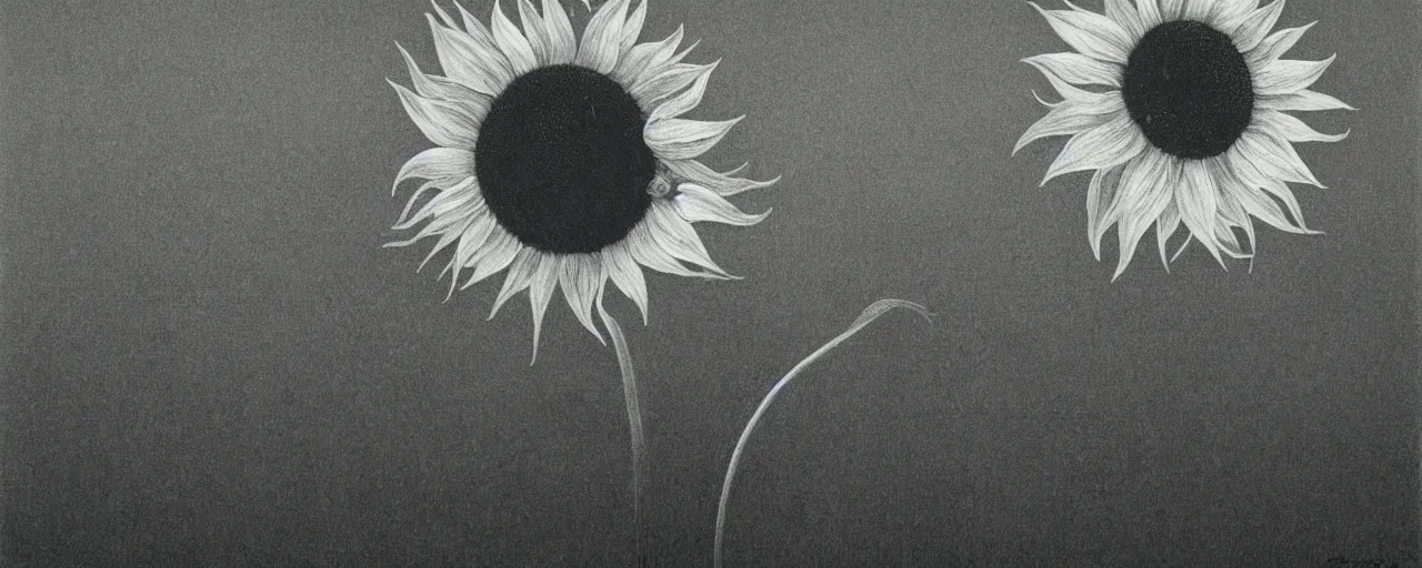 Image similar to a black and white sunflower, black minimalistic background, by Beksinski