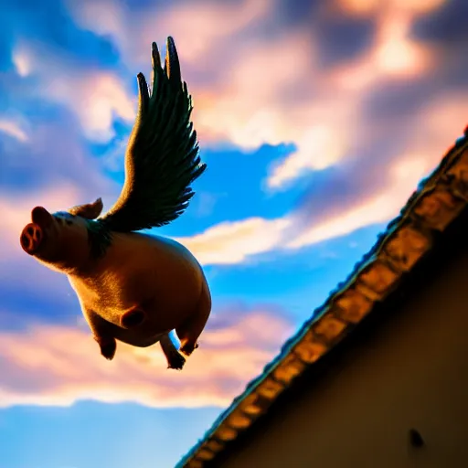 Image similar to pig flying over romanian village with angel wings in a blue sky, bokeh, dramatic lighting