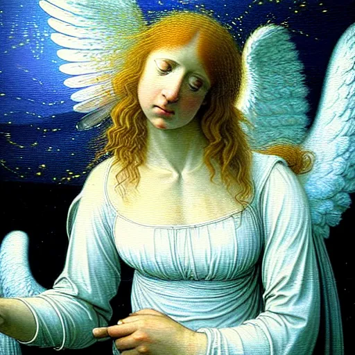 Prompt: renaissance hyper realistic painting of white angel!!! beautiful face, no gender!!!, ball of miracle light from the chest!!!!!, miracle light coming overhead!!, miracles everywhere, lot of fire and stars overhead!!!, by caspar david friedrich, misty space, holography effect, glow effect, large strokes, high detailed, white background