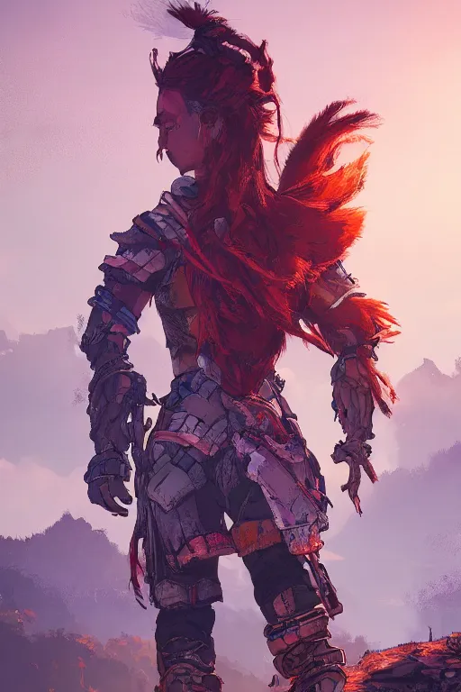 Image similar to combination suit armor aloy horizon forbidden west horizon zero dawn radiating a glowing aura global illumination ray tracing hdr fanart arstation by ian pesty and alena aenami artworks in 4 k tribal robot ninja mask helmet backpack