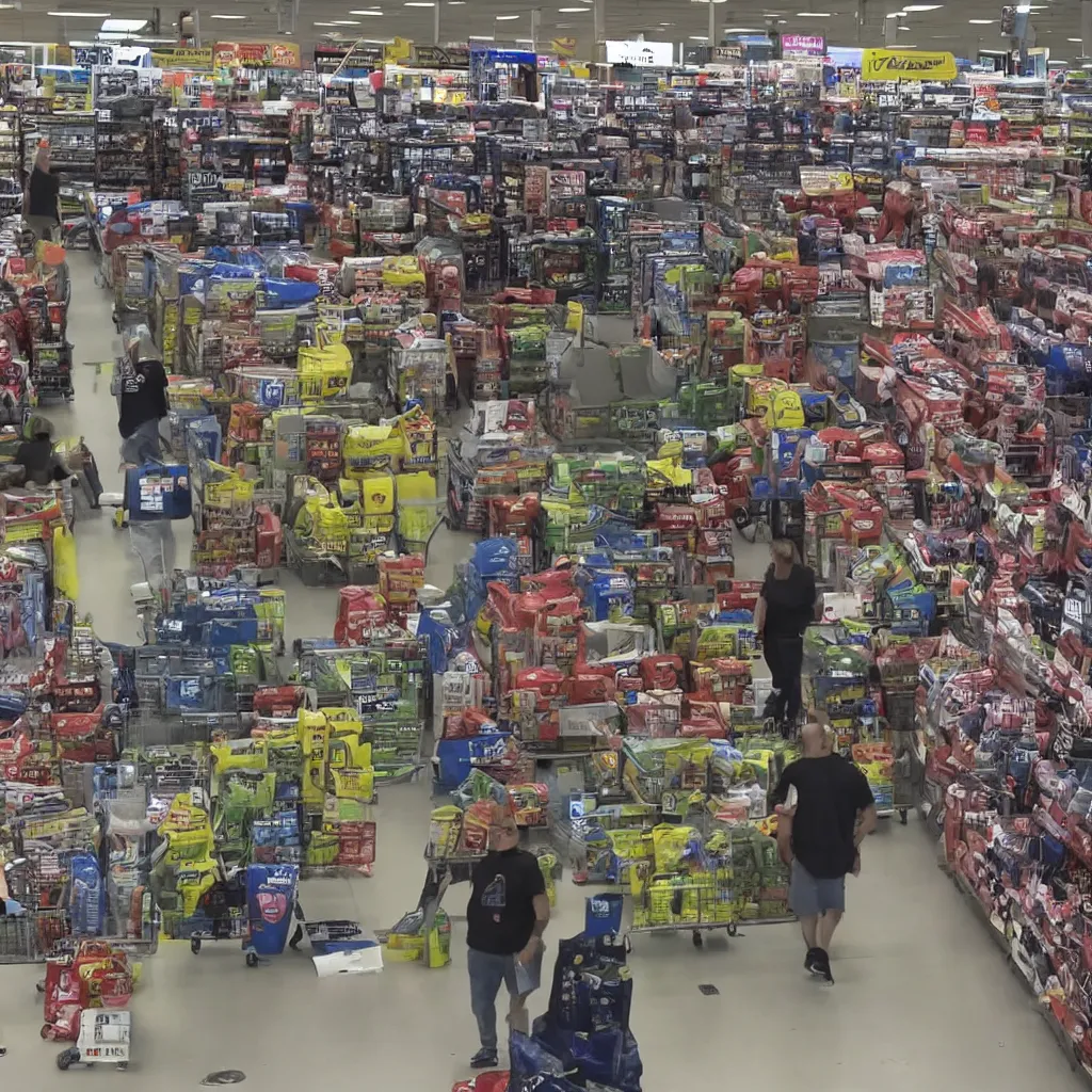 Prompt: security camera footage of the predator shopping at wallmart