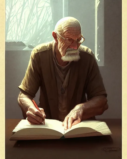 Image similar to old male scribe writing a book | | realistic shaded, fine details, realistic shaded lighting poster by greg rutkowski, diego gisbert llorens, magali villeneuve, artgerm, jeremy lipkin and rob rey