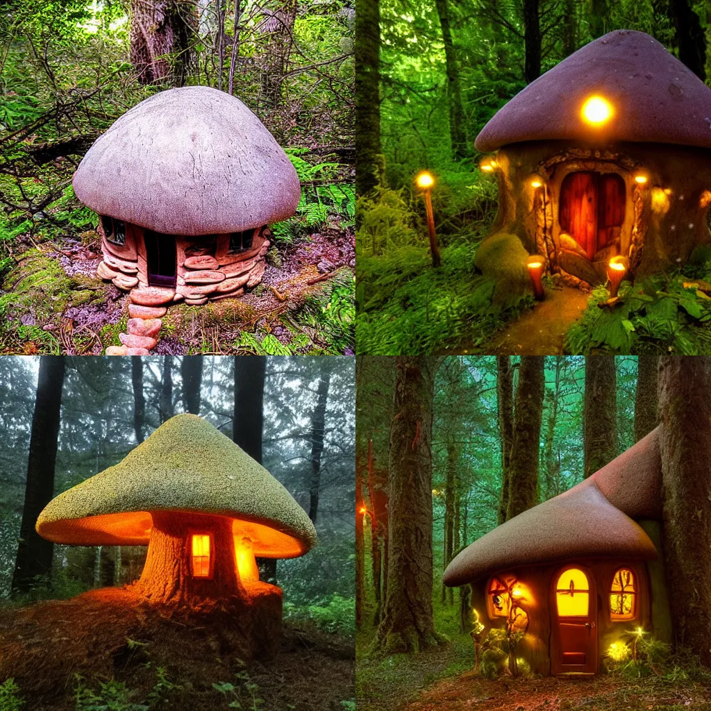 Prompt: Mushroom Fairy Cottage, in the forest at twilight with fairly lights.