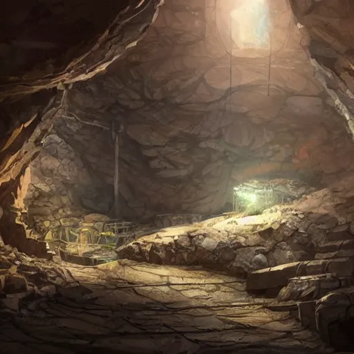 Image similar to concept art painting of inside a mine mineshaft with rock crystals, realistic, detailed, cel shaded, in the style of makoto shinkai and greg rutkowski and james gurney