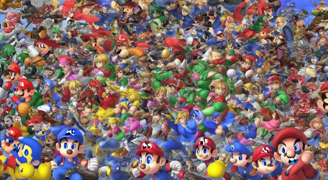 Prompt: digital game capture of super smash bros 6 4 character select screen