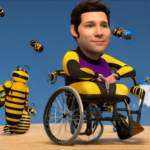 Image similar to 3 d render of paul rudd in a wheelchair, bee movie, 8 k, movie still