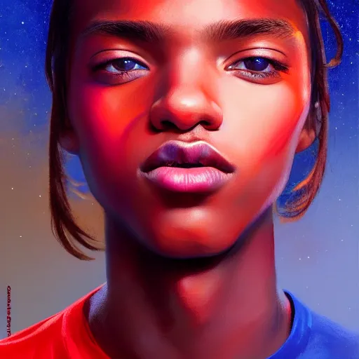 Image similar to colorful and festive captivating teenager with straight brown hair covering his eye, dark skin, big lips, big eyes, wearing a red t - shirt. rich vivid colors, ambient lighting, dynamic lighting, 4 k, atmospheric lighting, painted, intricate, highly detailed by charlie bowater