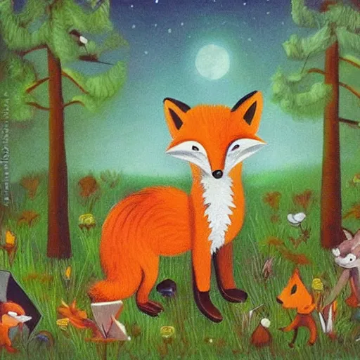 Prompt: A fox playing the piano in a meadow in the forest during the night under the moonlight, children’s book oil painting