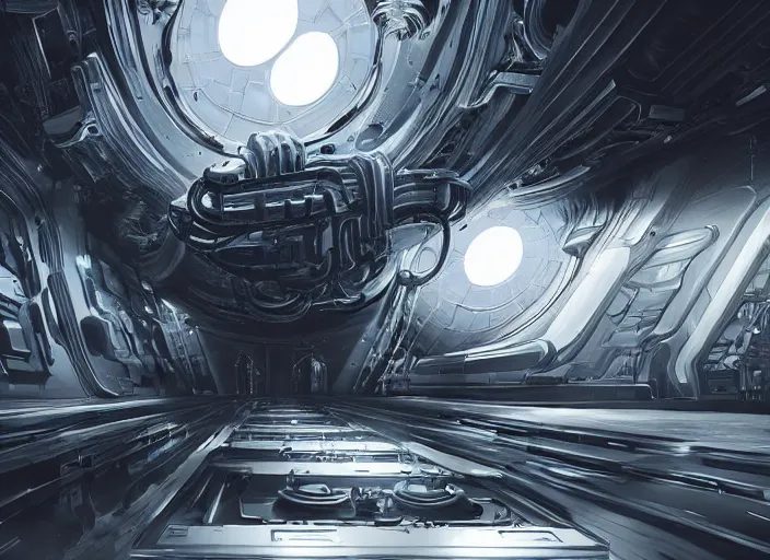 Prompt: cult of technology, exterior, scifi, machines, artificial intelligence, ultra realistic, metallic surface, highly detailed, white, brain in a vat, futuristic landscape, city, utopian architecture, atmosphere, masterpiece, portals, epic lighting, glow, mysterious, 4 k, cinematic, art by patryk olkiewicz and chris ostrowski