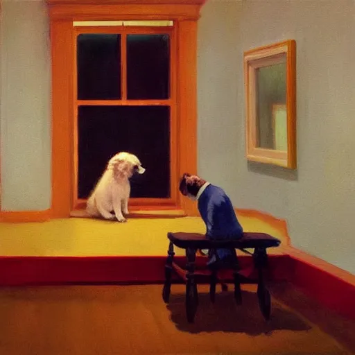 Prompt: a hyper realistic fine art painting of little socks in the style of edward hopper, wes anderson