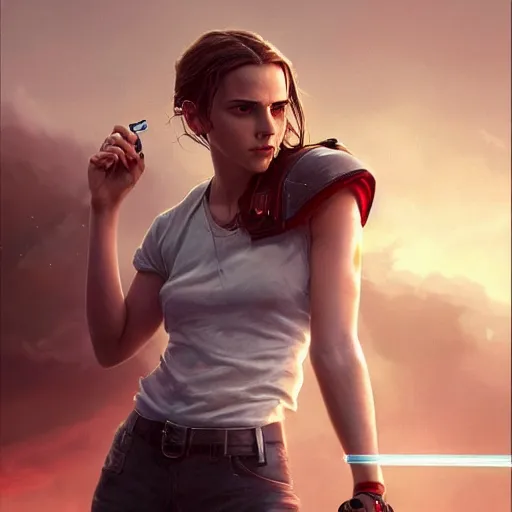 Image similar to a girl who is a mix of emma watson and scarlett johansson and nathalie portman, plugging herself to a computer through an usb cable and a port in her arm, very detailled, by david rutkowski and artgem